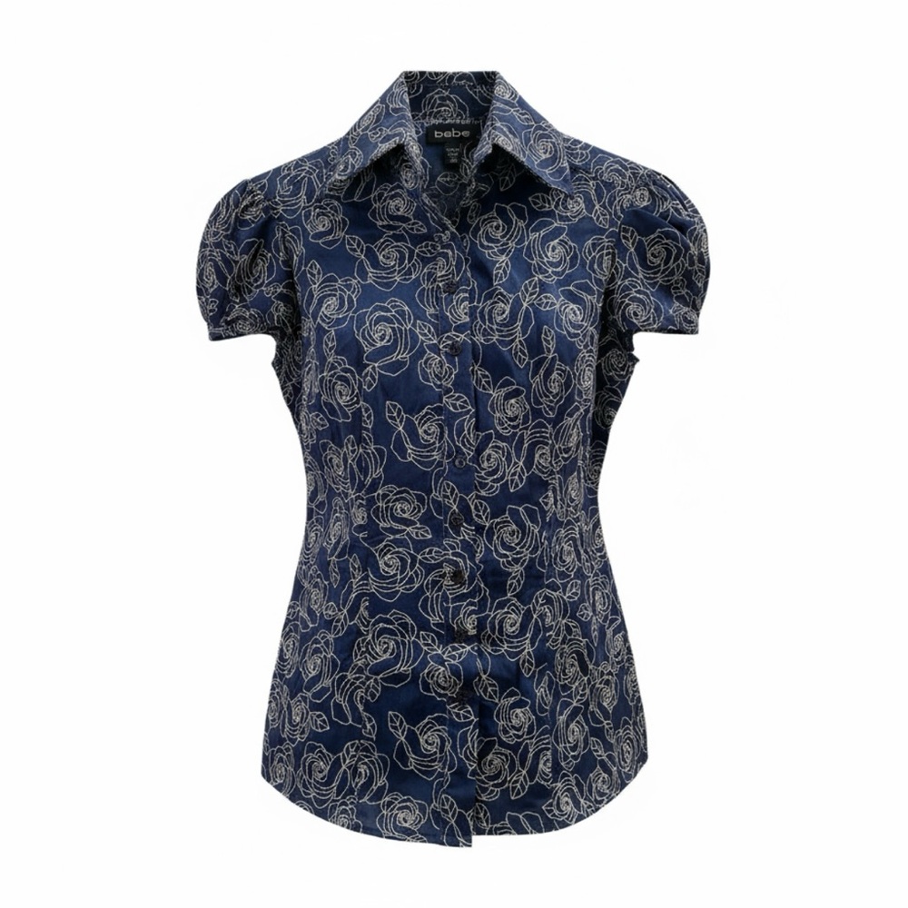Bebe Dark Blue Rose Pattern Button Down Shirt W/B… - image 2